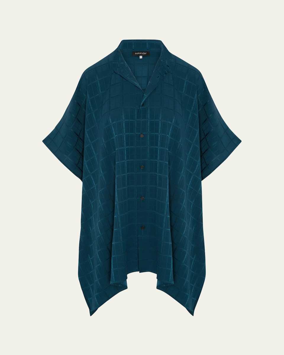 Satin Box Check Jacquard Collarless Longer-Back Kaftan Shirt (Long Plus Length)
